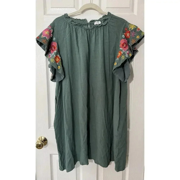 Embroidered Womens Linen Dress 1Sz Green Lagenlook Artsy Cottagecore Boho Hippie - Picture 2 of 16